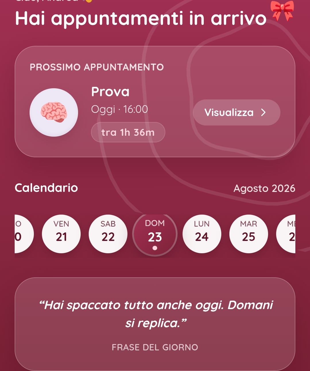 Dashboard mobile dell’app The Baddest per la gestione degli appuntamenti personali